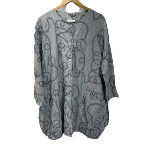 BRYN WALKER Gray Lagenlook Linen Mesh Swirl Design‎ Button Tunic Jacket M Boho